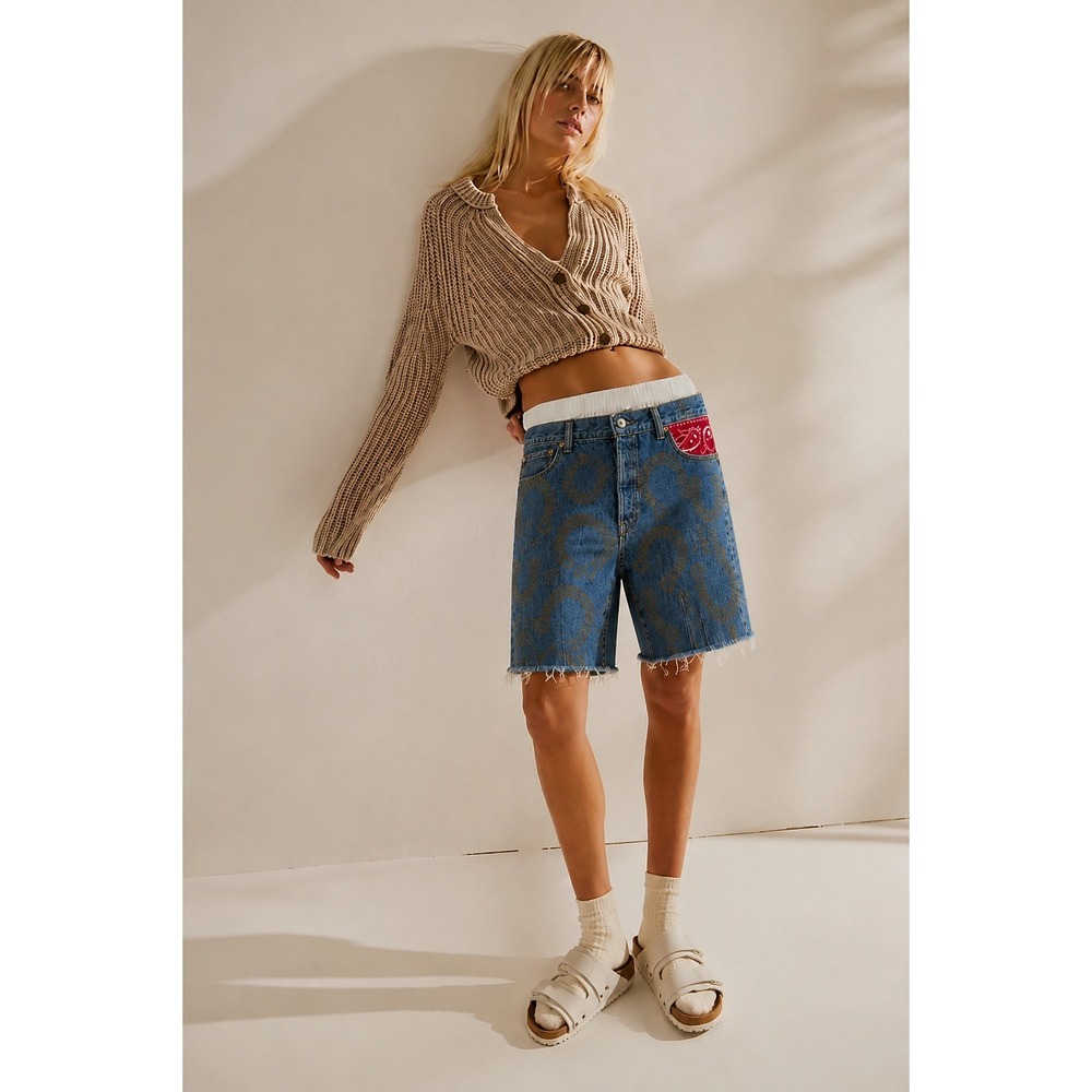 Free People x Tricia Fix Levi's 501 W32 ReMade Horseshoe Bandana Denim Shorts L